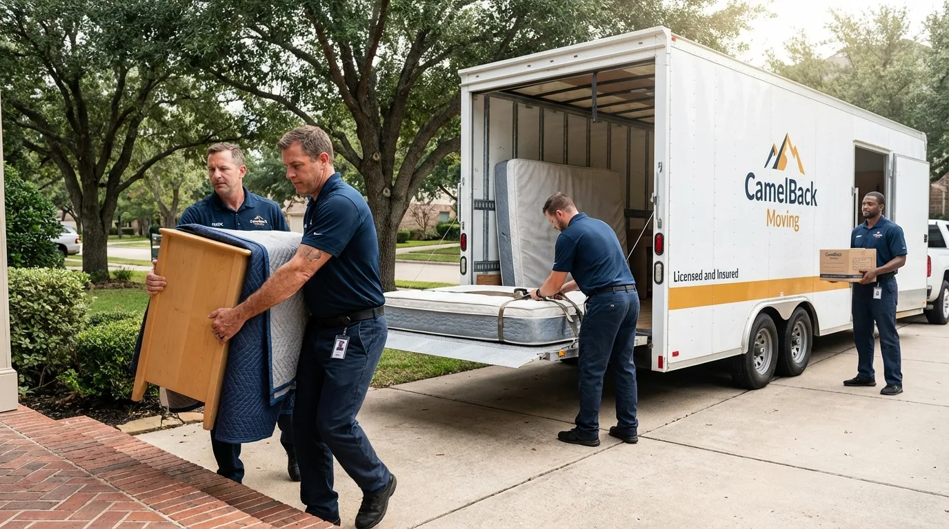 Crew loading residential truck for cross-state move from Medora, ND