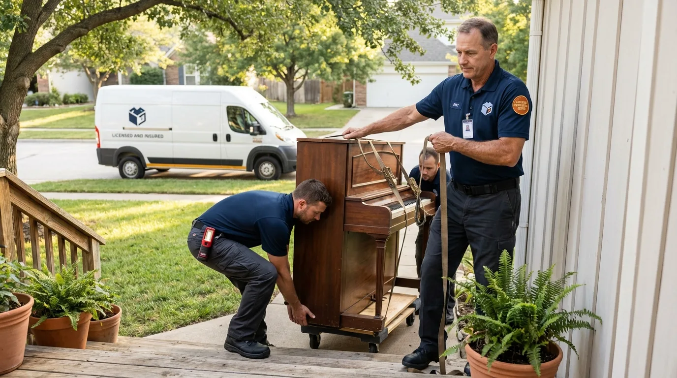 Licensed piano movers securing grand piano in Medora, ND