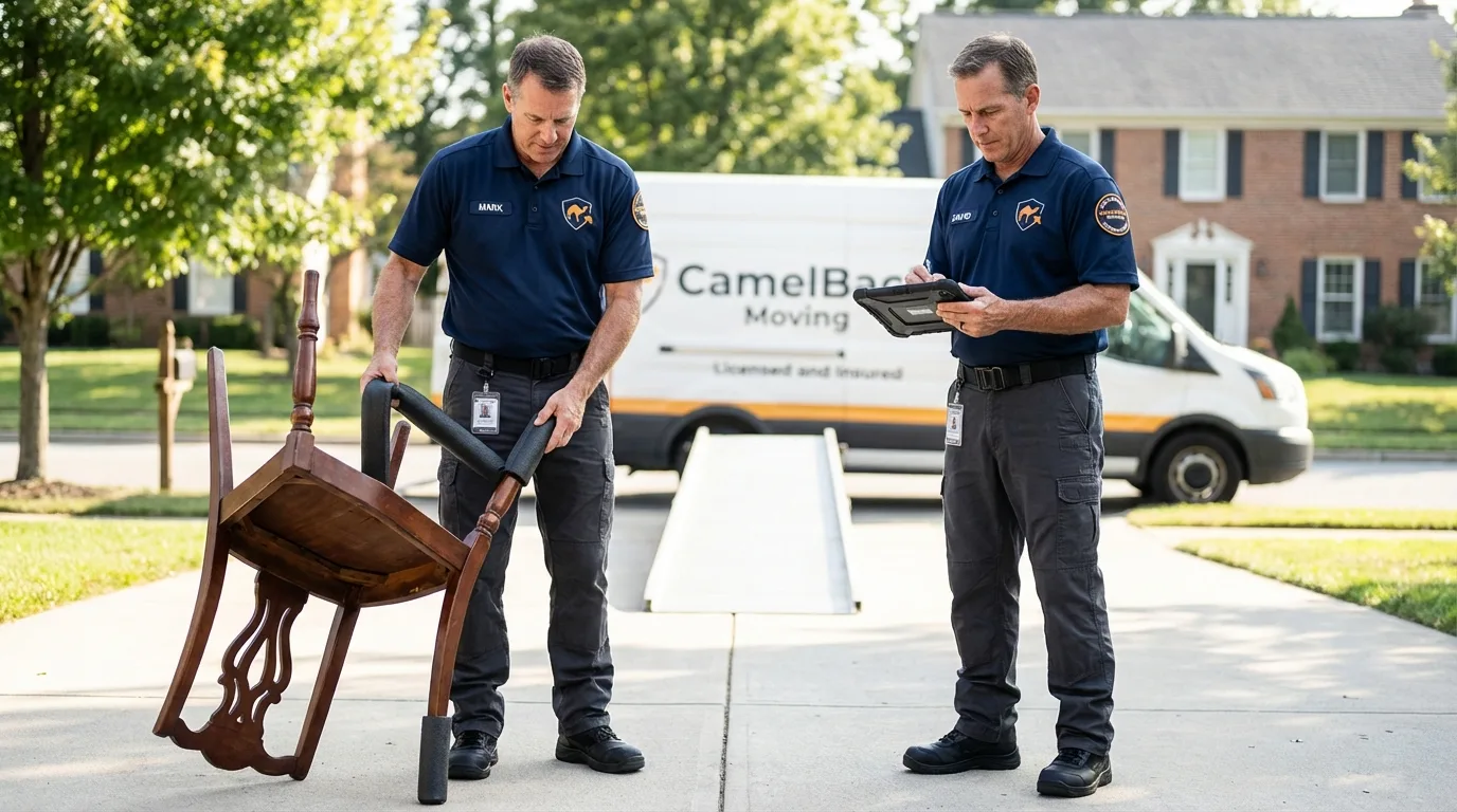 Movers inspecting furniture for damage prevention before loading in Medora, ND