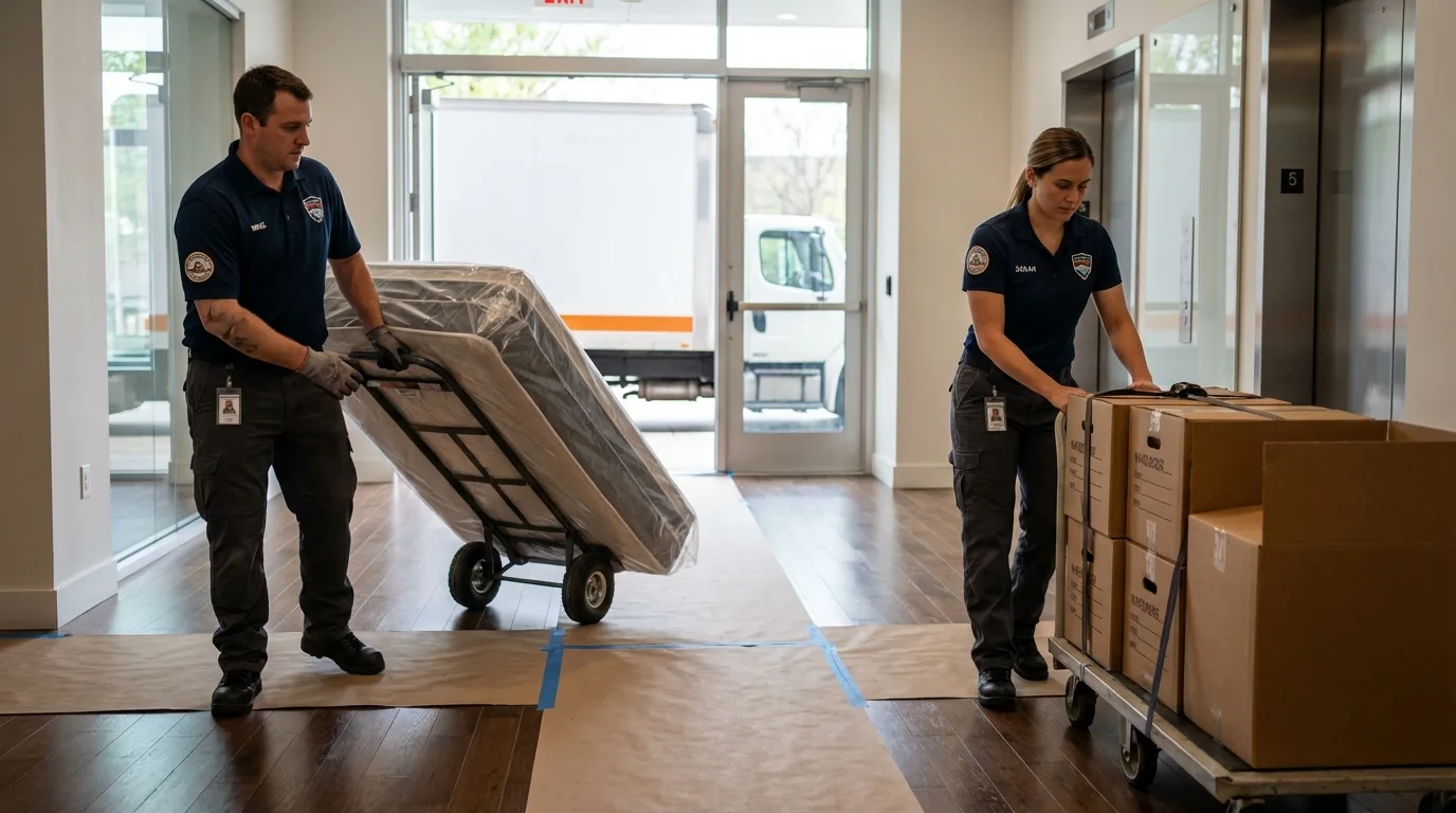 Professional apartment movers loading elevator in Medora, ND